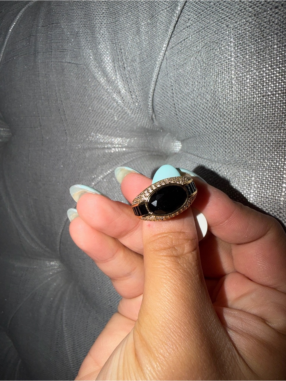 Gold-Tone Black Onyx Marquise Ring with Pavé Accent - Women Jewelry